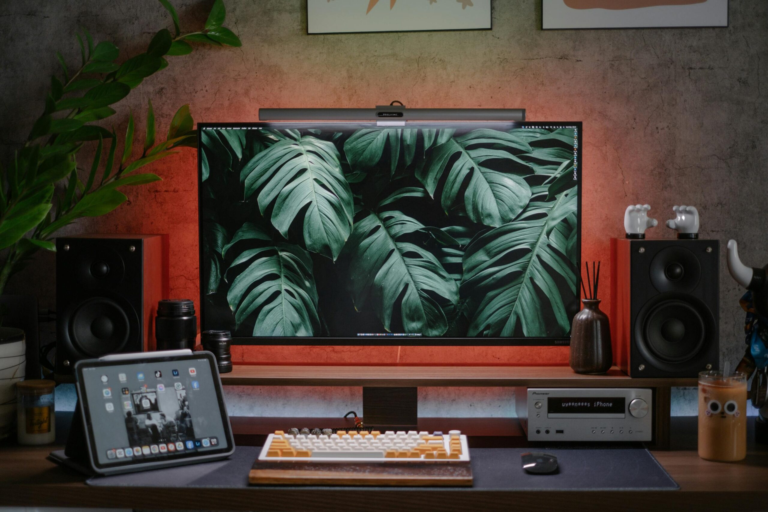 What We Review Modern desk setup featuring a monitor, tablet, speakers, and lush monstera plant.