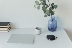 Clean minimalist desk featuring a laptop, blue vase with plant, and coffee mug.
