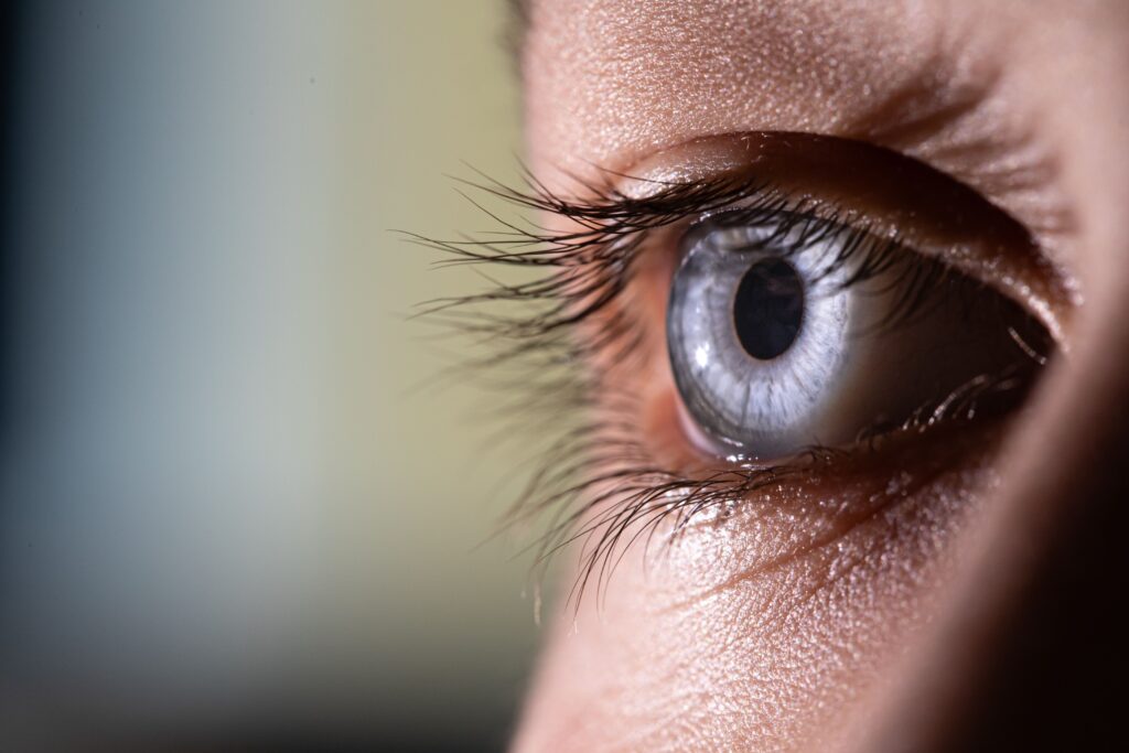 Macro shot of a blue eye highlighting intricate details of the eye and eyelashes.